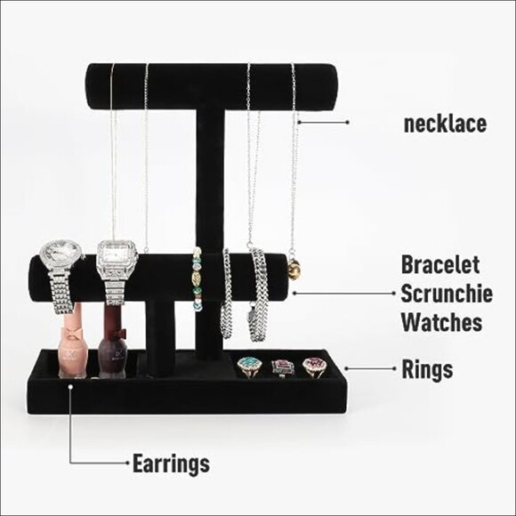 Black Velvet Jewelry Organizer Stand with Tray for Necklaces Bracelets - Picture 4 of 5